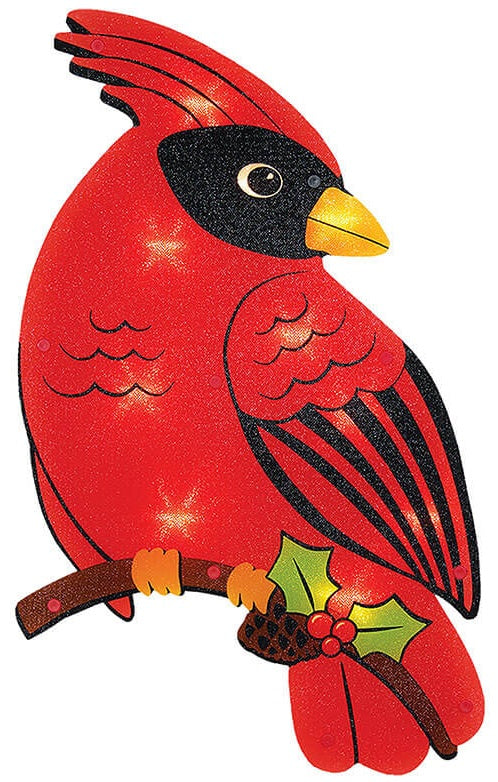 LED holiday decoration shaped like a cardinal standing on a branch with holly leaves, berries and a pine cone.