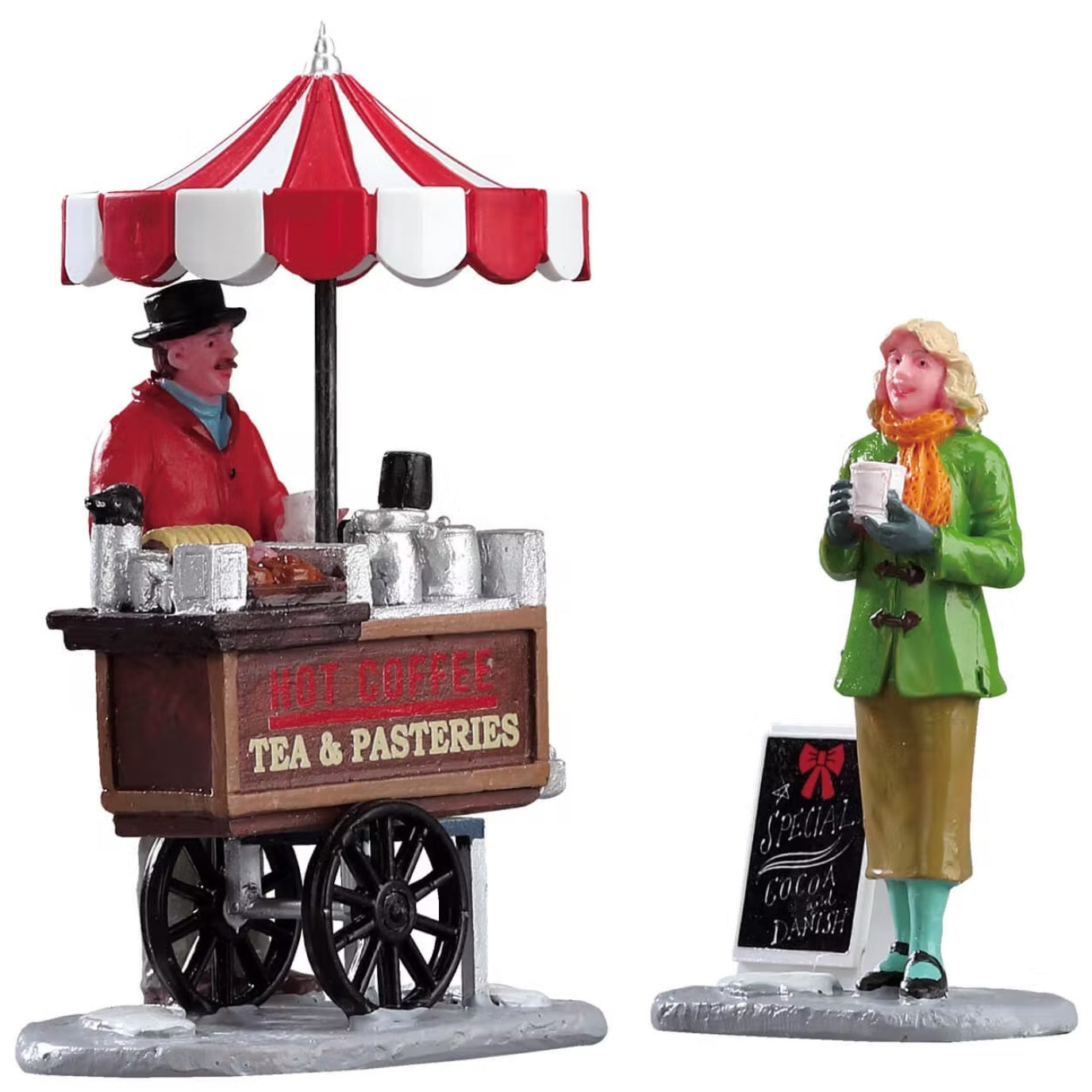 Polyresin figurines for a Lemax Village tabletop display. Designed to look like a coffee vendor chatting with a woman holding a cup. The cart reads "Hot Coffee, Tea & Pastries." There's a red and white umbrella sticking out of the cart.