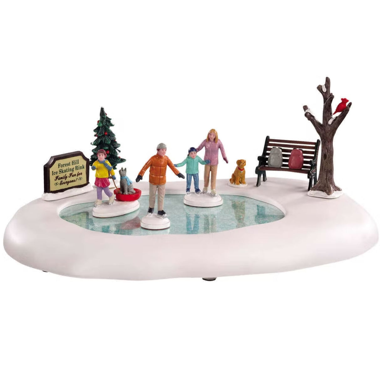 Polyresin figurine for a Lemax Village tabletop display. Designed to look like a family ice skating on a small pond