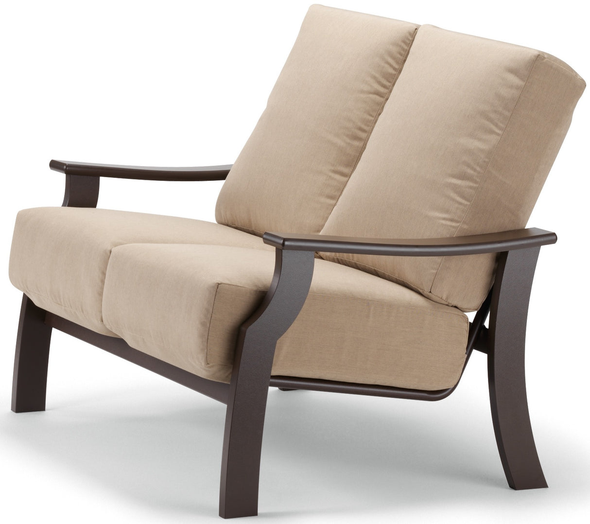 This image shows the loveseat on a white background. The frames are brown and the cushions are a tan color.