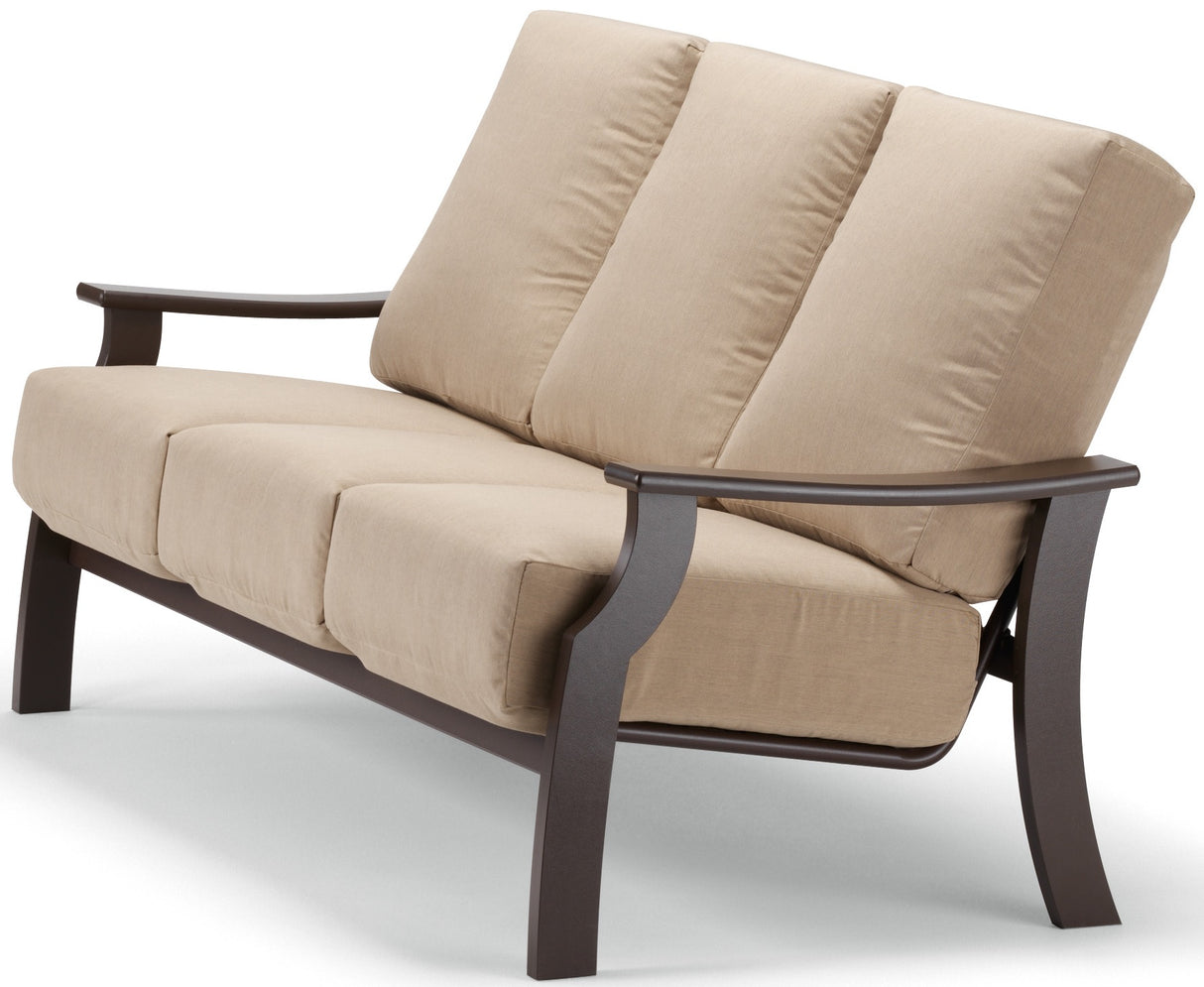 This image shows the sofa on a white background. The frames are brown and the cushions are a tan color.