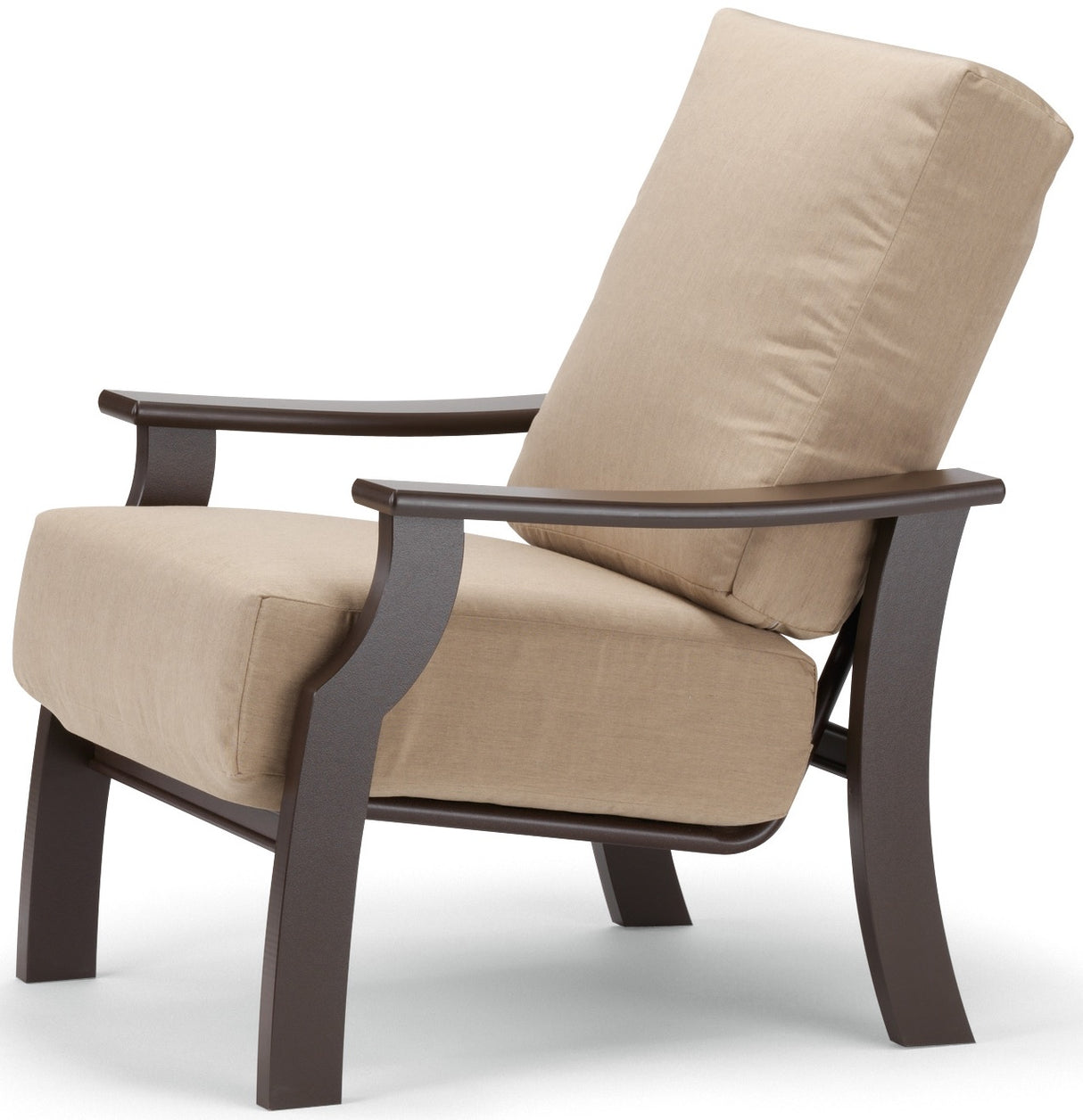 This image shows the club chair on a white background. The frames are brown and the cushions are a tan color.
