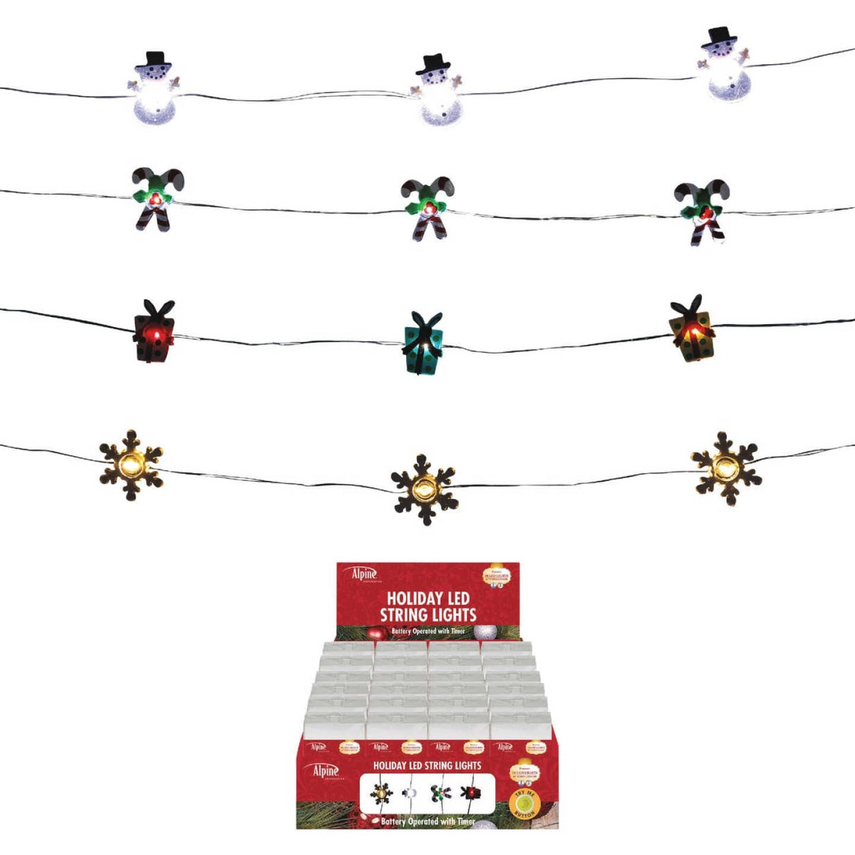 This image shows the different light strings against a white background. One option features warm white lighted snowflakes. One option features red and blue lighted presents. One option features pure white lighted snowmen wearing top hats.