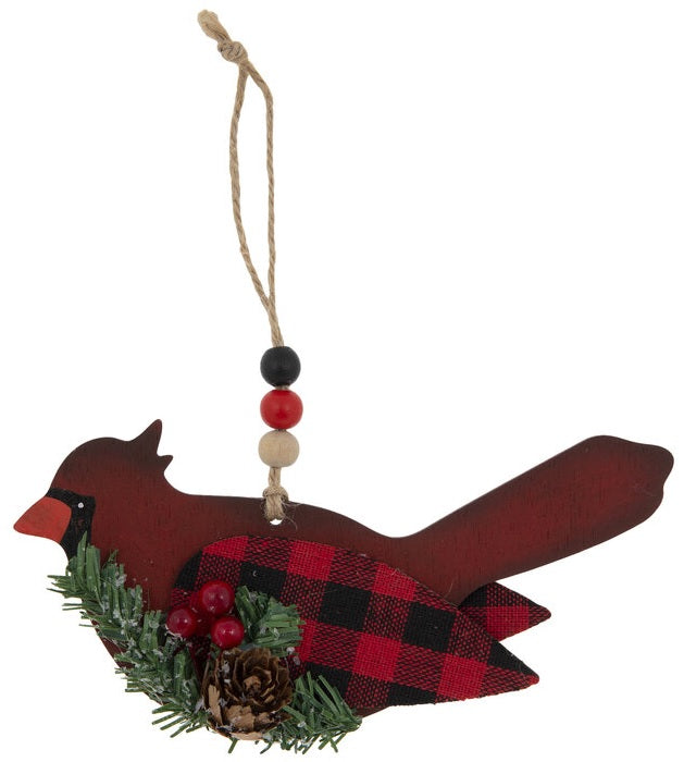 6" Black and Red Buffalo Check Cardinal Ornament
