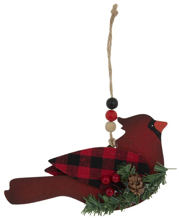6" Black and Red Buffalo Check Cardinal Ornament