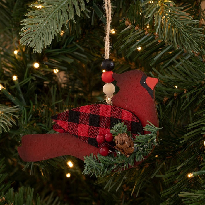6" Black and Red Buffalo Check Cardinal Ornament