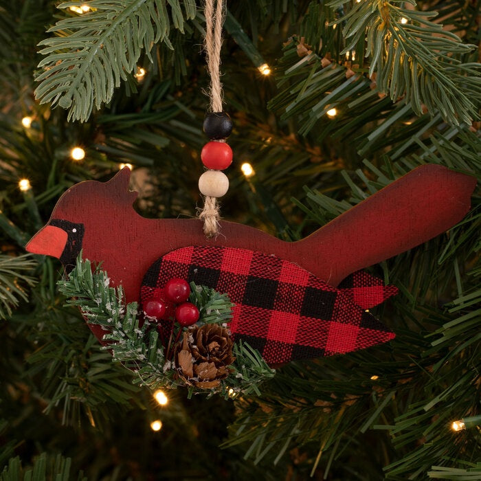 6" Black and Red Buffalo Check Cardinal Ornament
