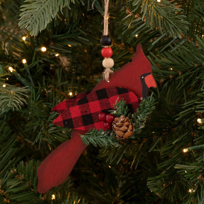 6" Black and Red Buffalo Check Cardinal Ornament