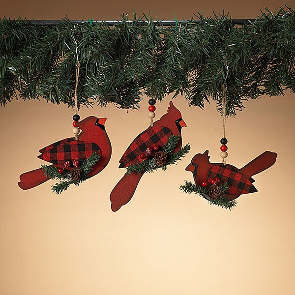 6" Black and Red Buffalo Check Cardinal Ornament