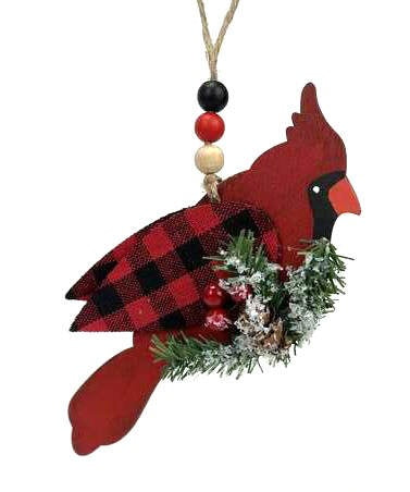 6" Black and Red Buffalo Check Cardinal Ornament