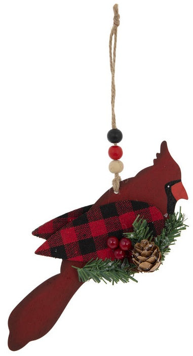 6" Black and Red Buffalo Check Cardinal Ornament