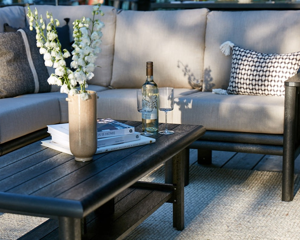 A close up view of an outdoor couch and a coffee table