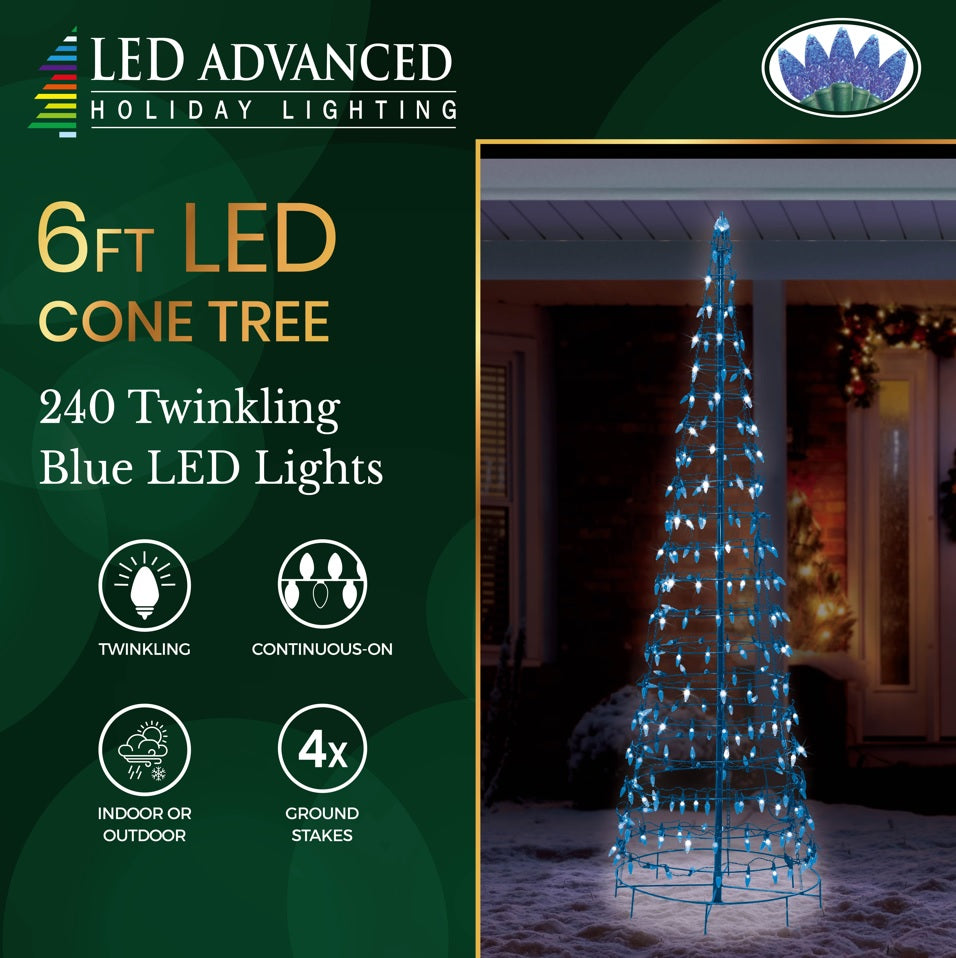 A wire cone tree pre-lit with blue LED lights. This one is 6 ft. tall.