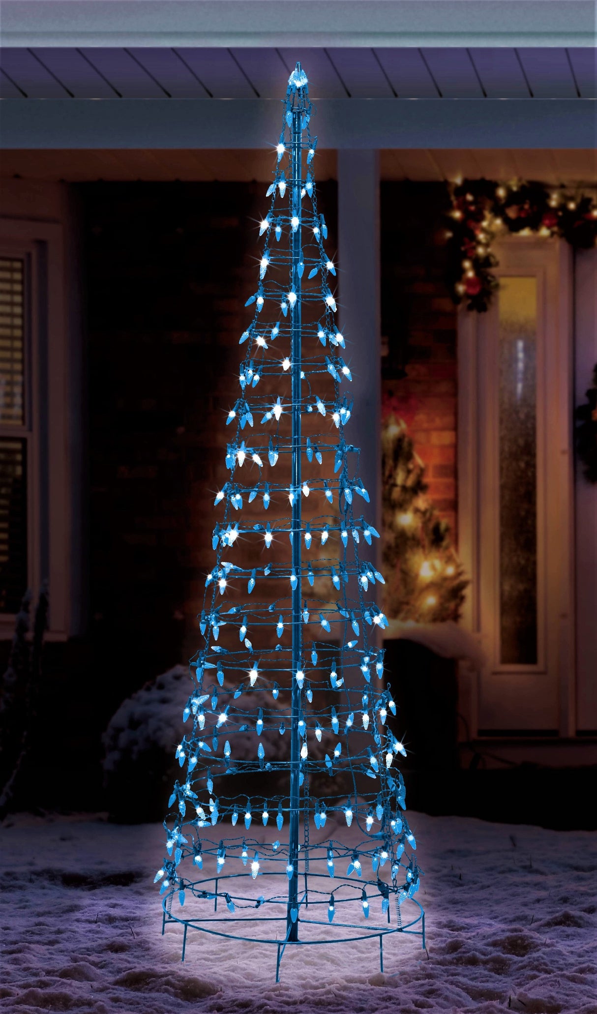 A wire cone tree pre-lit with blue LED lights.