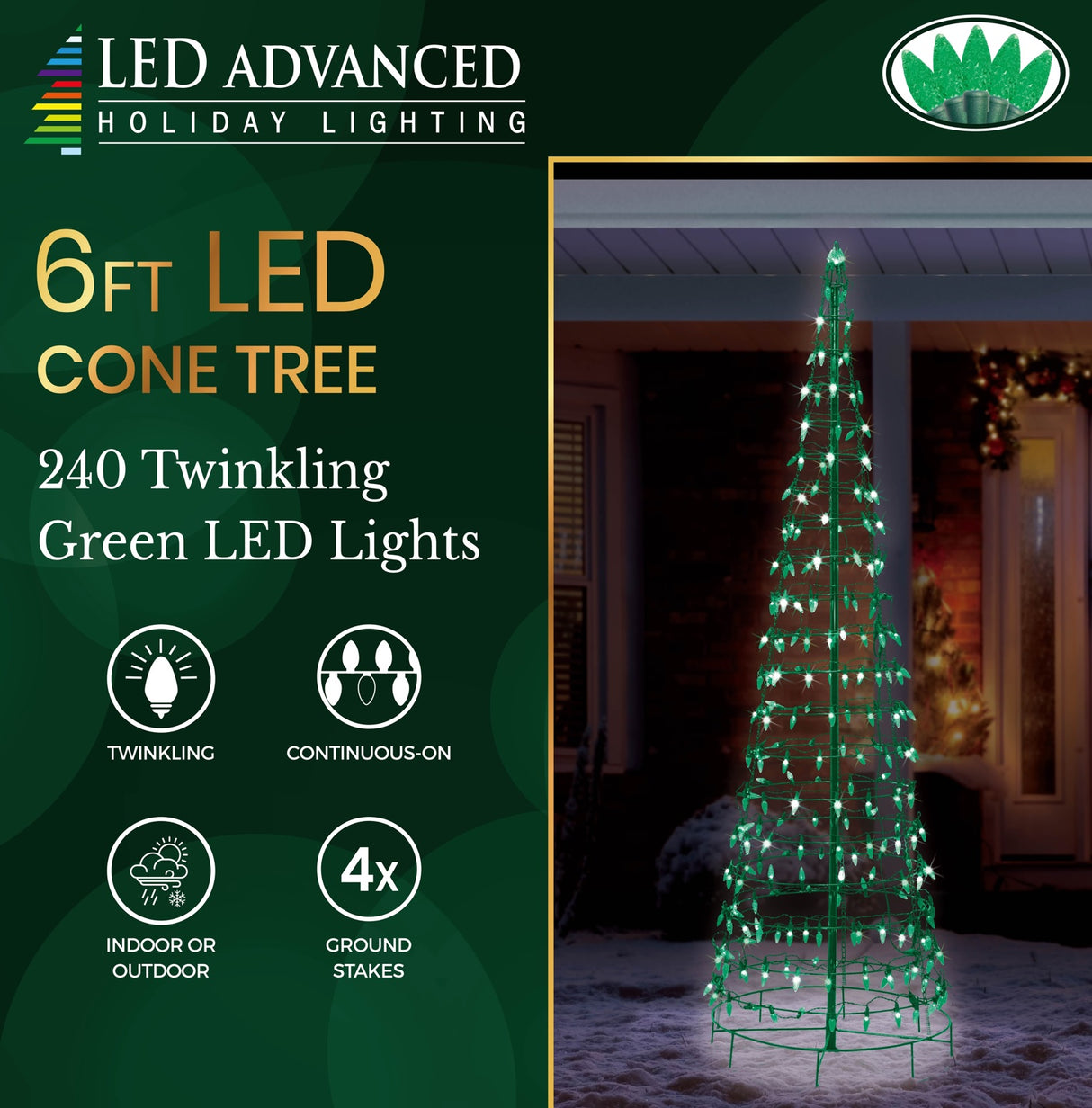 LED Christmas decorations pre-lit with green lights. Wire is shaped to look like a cone tree.