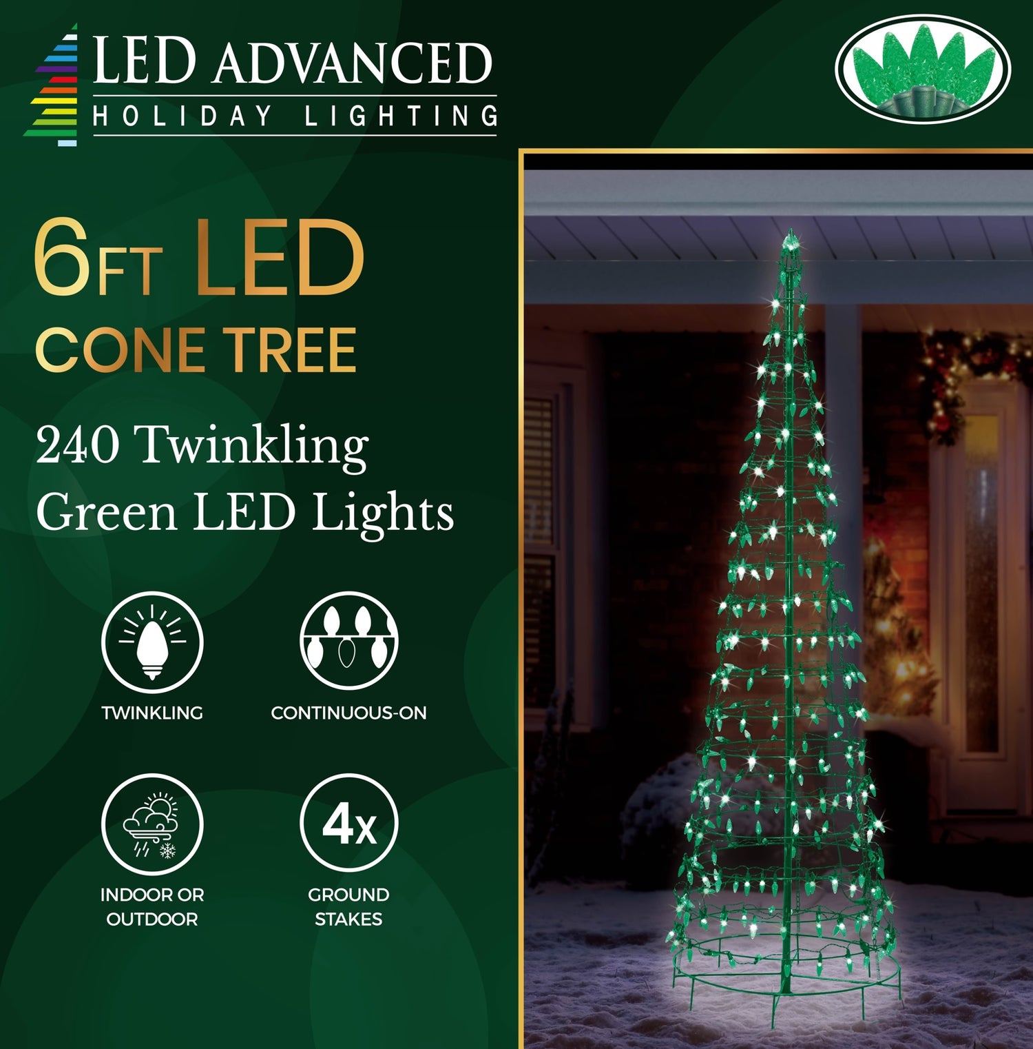 Set of 2 Wire Cone Trees with Green Twinkling LED Lights
