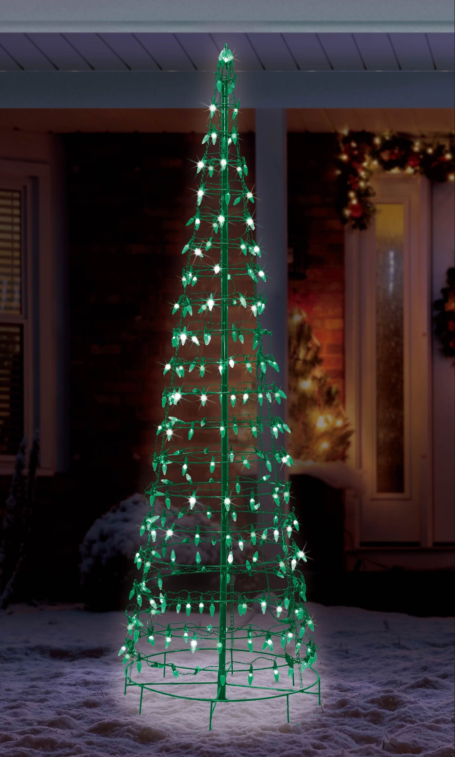 Set of 2 Wire Cone Trees with Green Twinkling LED Lights