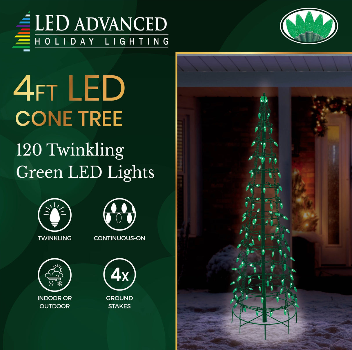 Set of 2 Wire Cone Trees with Green Twinkling LED Lights