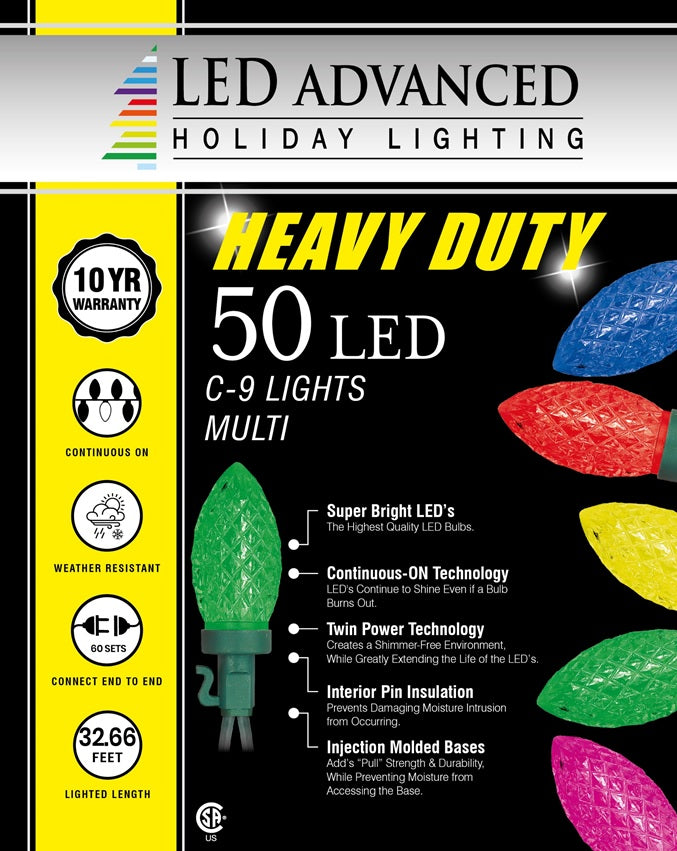 A box of 50 multi-colored C9 LED lights.
