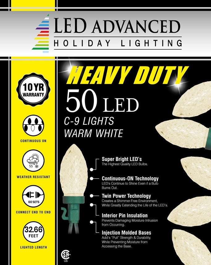 A box of 50 warm white C9 LED lights.
