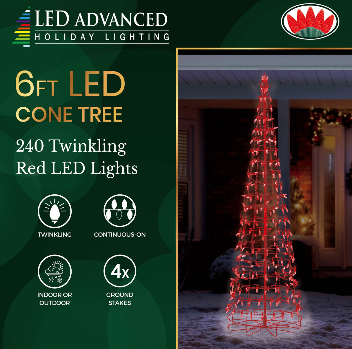 6 ft. wire cone tree decoration pre-lit with red LED lights.