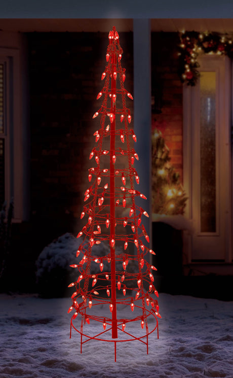 Wire cone tree decoration pre-lit with red LED lights.