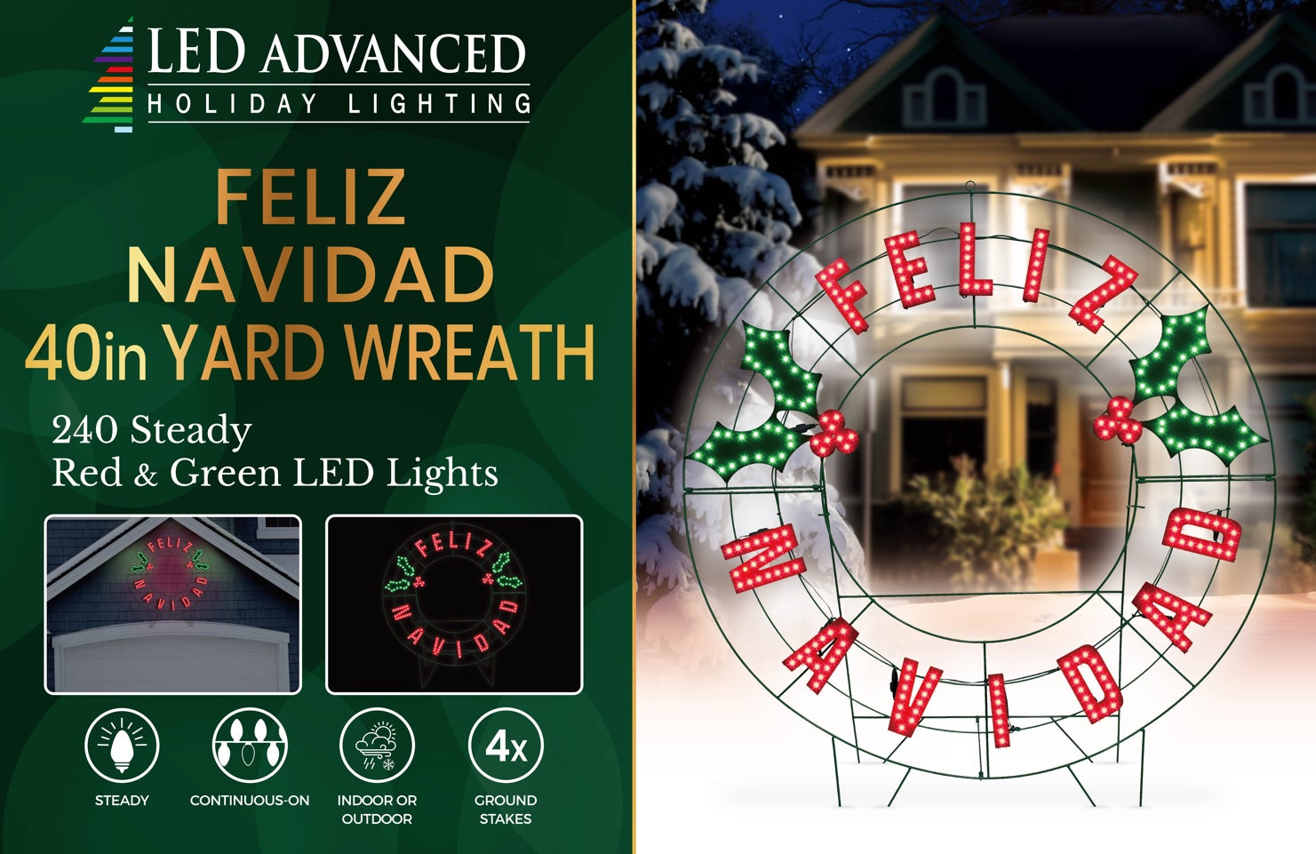 LED outdoor decoration that reads "Feliz Navidad." It features green holly leaves and red berries.