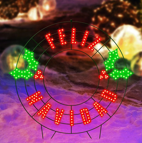 LED outdoor decoration that reads "Feliz Navidad." It features green holly leaves and red berries.