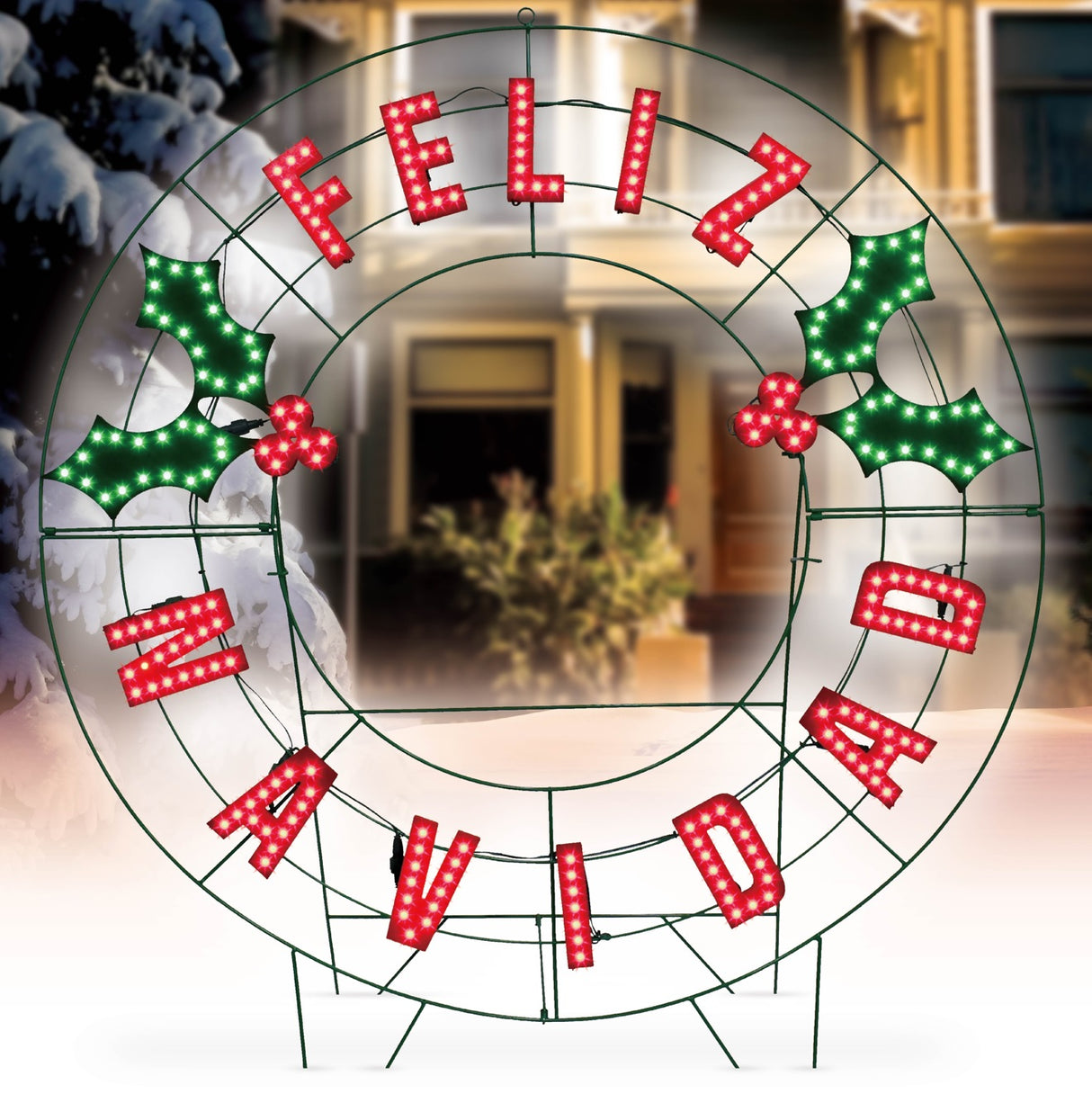 LED outdoor decoration that reads "Feliz Navidad." It features green holly leaves and red berries.