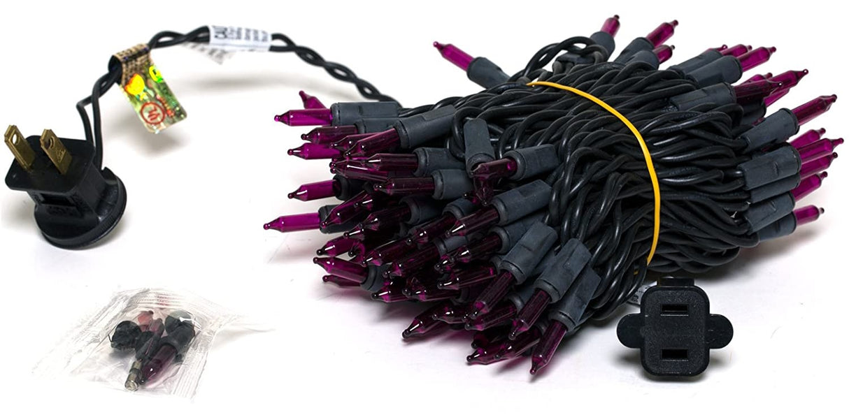 Set of 100 Purple Halloween Lights on a Black Wire