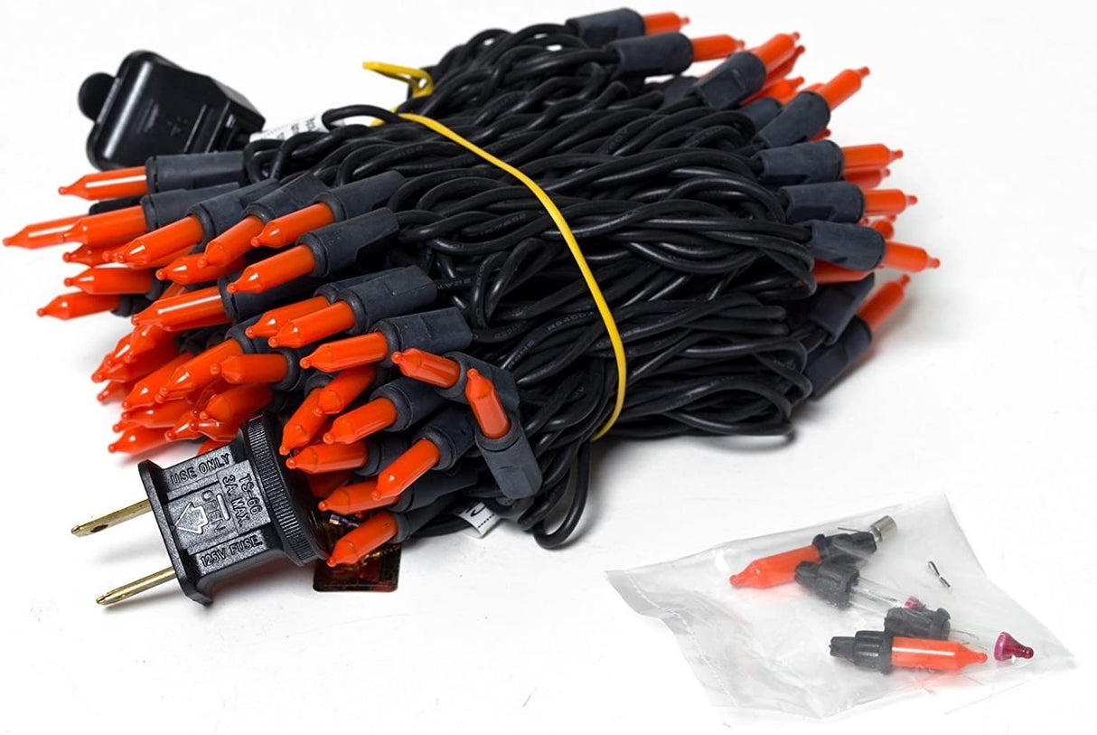 Set of 100 Orange Halloween Lights on a Black Wire