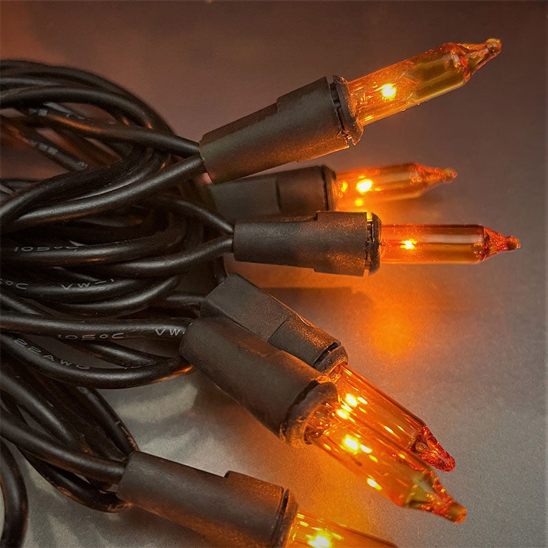 Set of 100 Orange Halloween Lights on a Black Wire