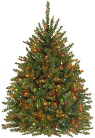 Artificial tree pre-lit with multi-colored lights.