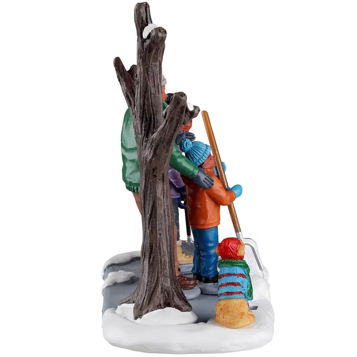 Resin table accent for a Lemax display. Designed to look like a dad and two of his young children shoveling snow away from a tree. There's a yellow dog wearing a sweater and a hat.