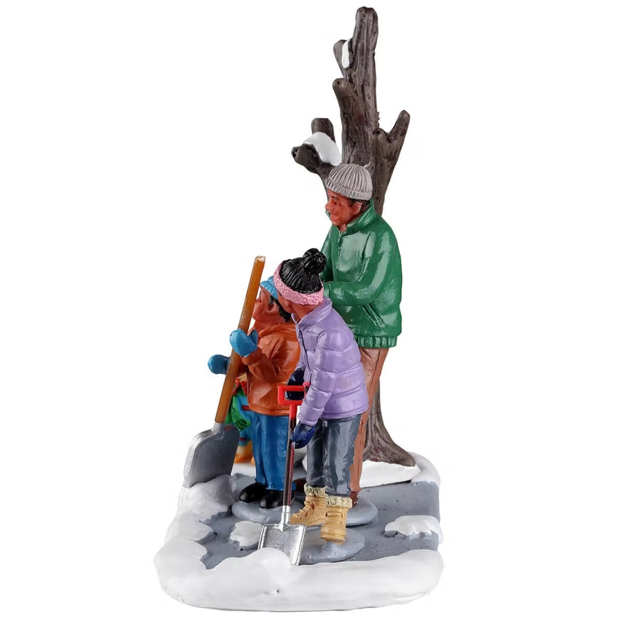 Resin table accent for a Lemax display. Designed to look like a dad and two of his young children shoveling snow away from a tree. There's a yellow dog wearing a sweater and a hat.