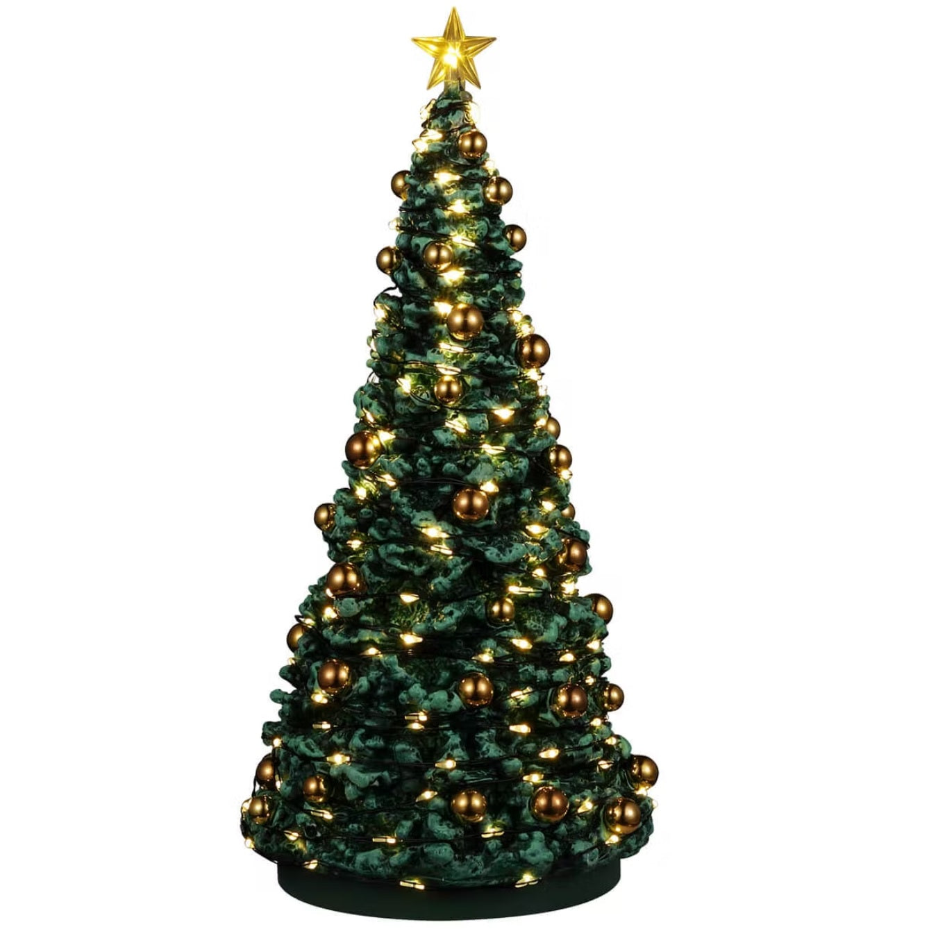 Resin village accessory for a Lemax display. Designed to look like a tall, decorated Christmas tree. There's a lit star on top, warm white lights and gold ornaments.
