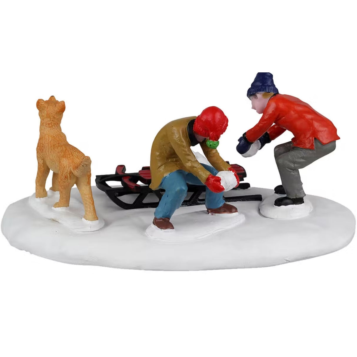 Resin village accent for a Lemax display. Designed to look like two boys and a dog collecting snowballs and putting them on a red sled.