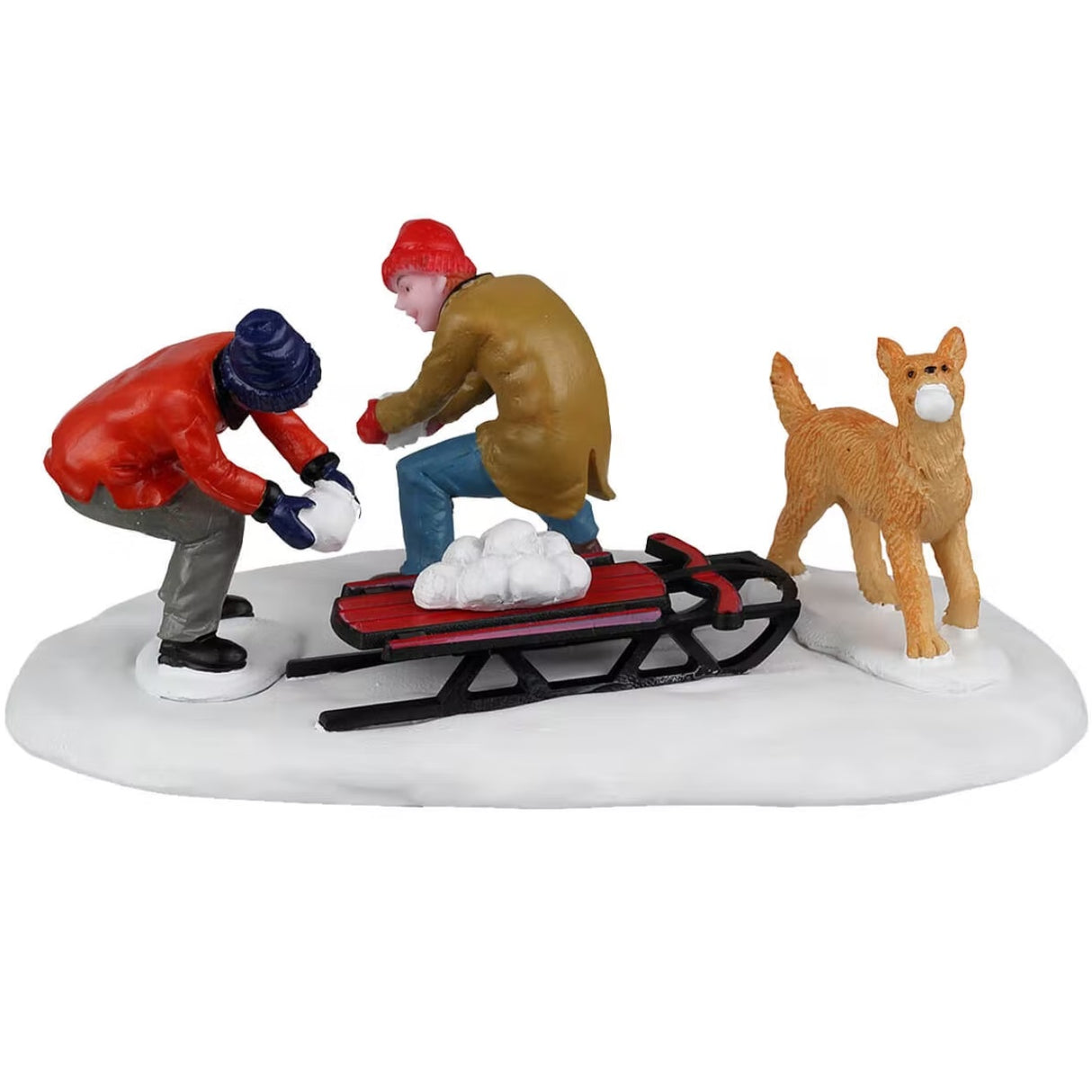 Resin village accent for a Lemax display. Designed to look like two boys and a dog collecting snowballs and putting them on a red sled.