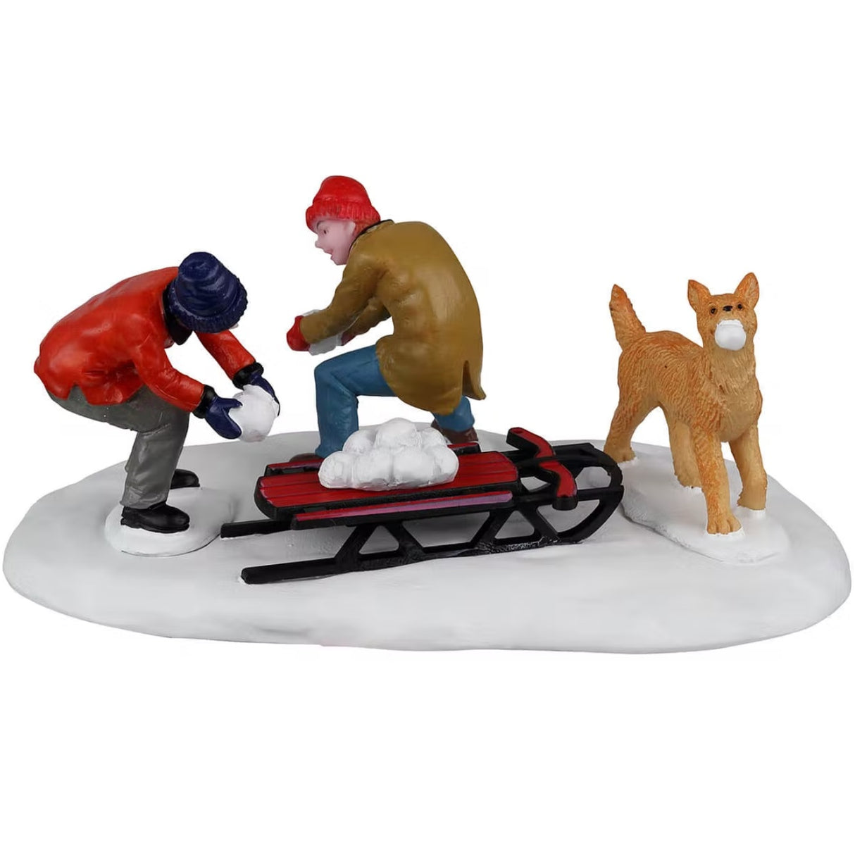 Resin village accent for a Lemax display. Designed to look like two boys and a dog collecting snowballs and putting them on a red sled.