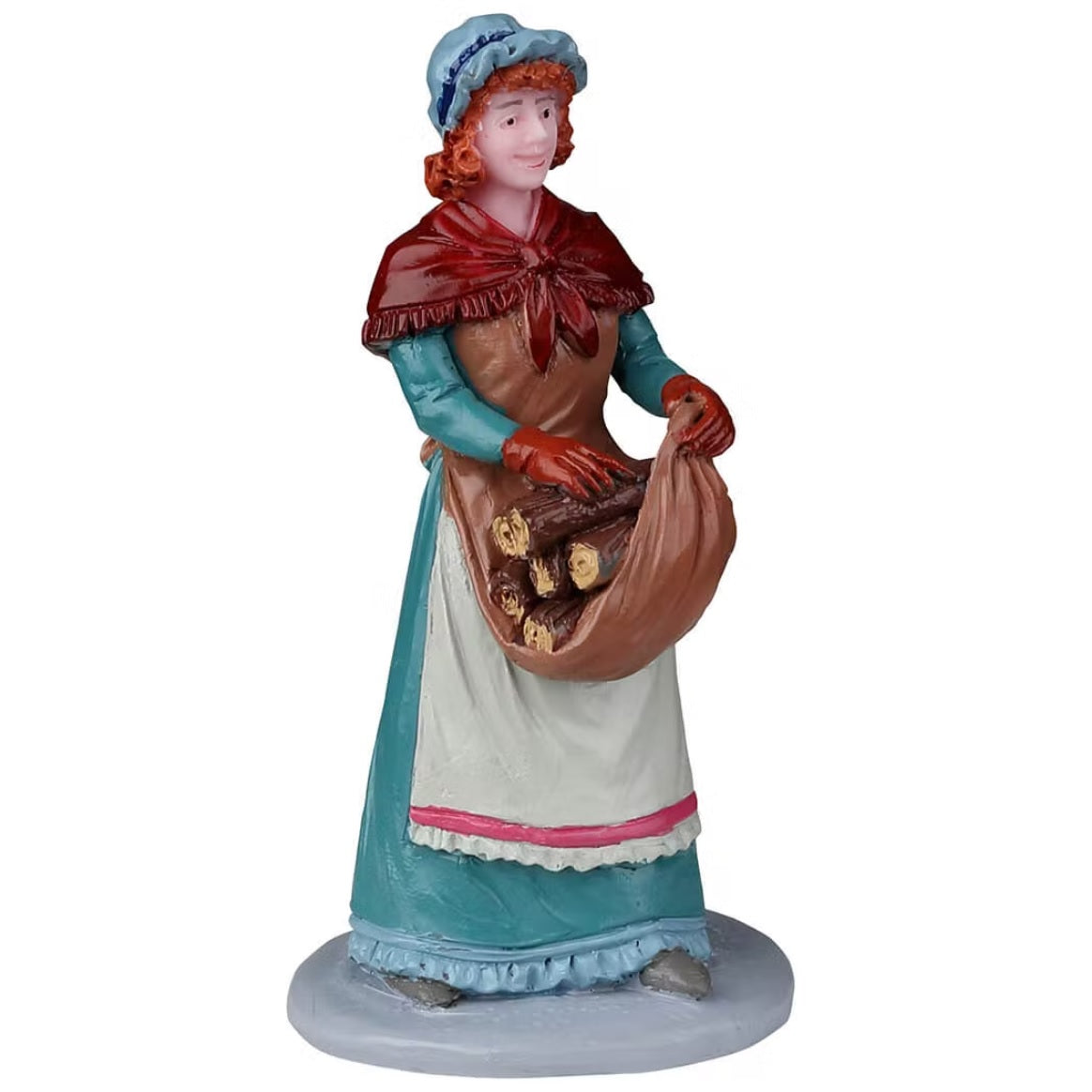 Resin figurine for a Lemax display. Designed to look like a woman dressed for winter holding a bunch of wooden logs in her apron. She has curly red hair and is wearing a bonnet.