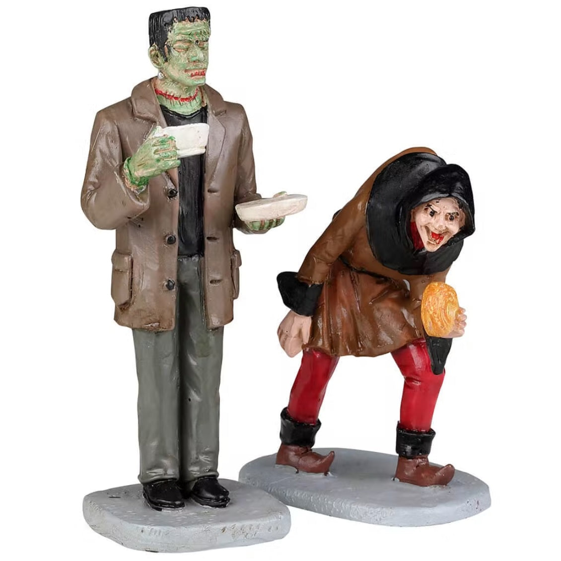 Polyresin figurines for a Lemax Spooky Town display. Designed to look like Frankenstein having a cup of coffee. Next to him is his loyal sidekick, Igor, eating a croissant.