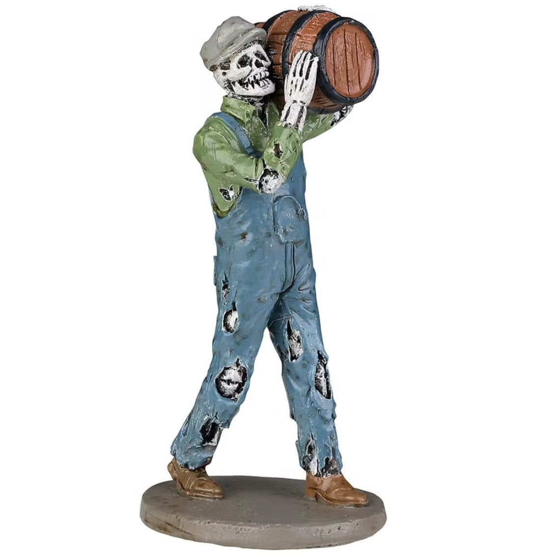 Polyresin figurine for a Lemax Spooky Town display. Designed to look like a skeleton man holding a barrel over his shoulder. He's wearing a gray hat, a green shirt, ratty, old blue overalls and brown shoes.
