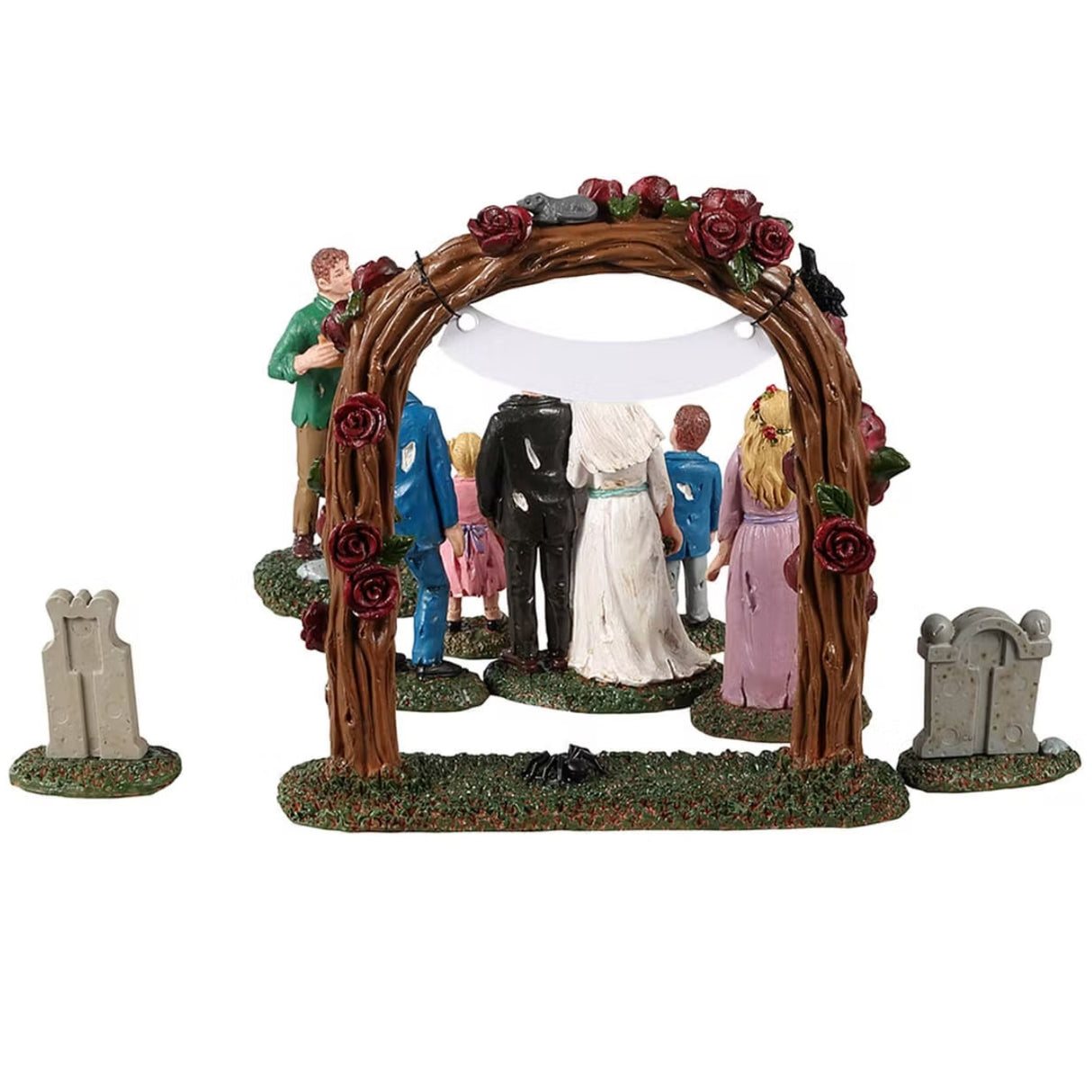 Resin figurines for a Lemax display. Designed to look like a zombie family getting their picture taken underneath a wooden arch with roses all over it. There's a bride, a groom, a maid of honor, a best man, a young boy and a young girl.