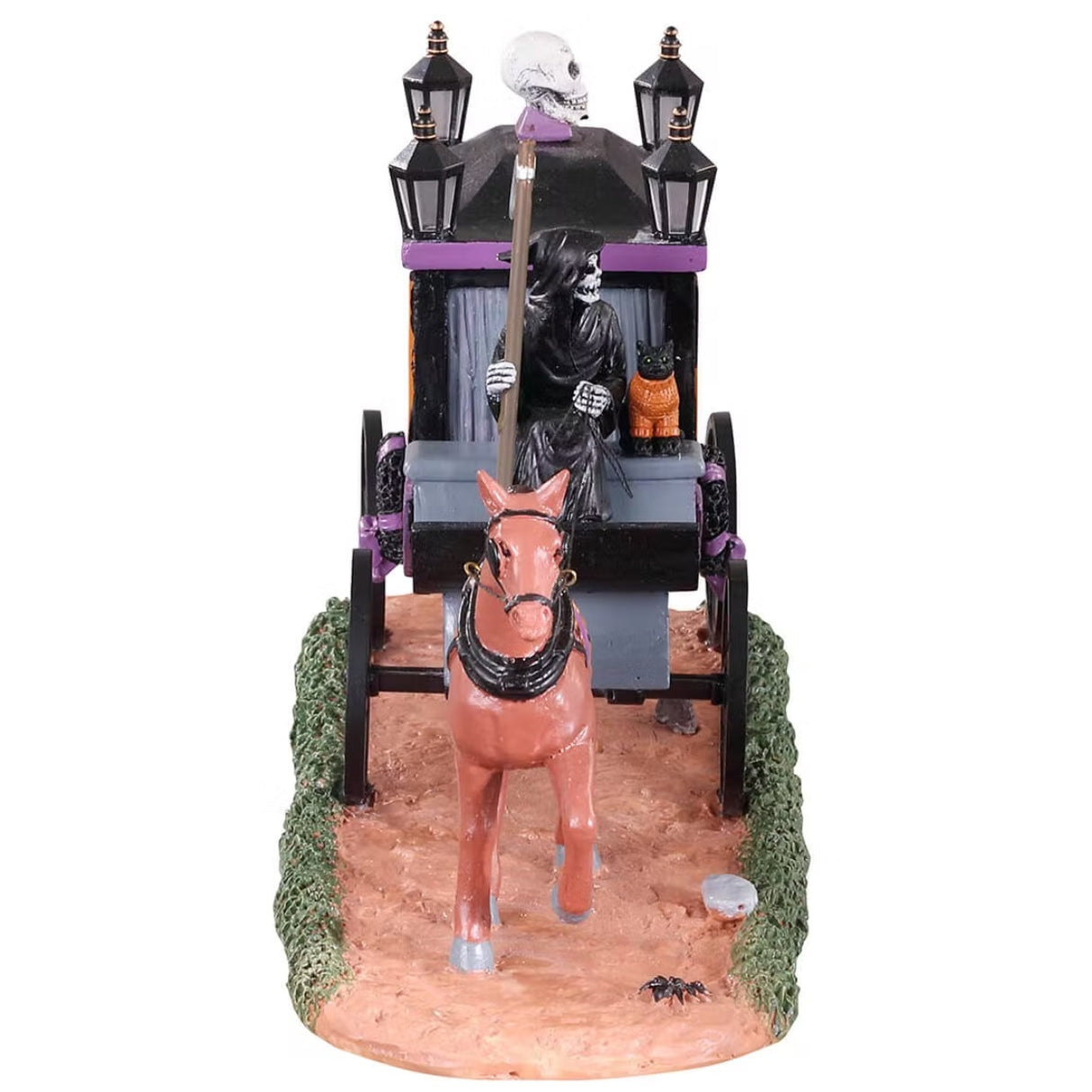 Plastic village accessory for a Lemax Spooky Town display. The grim reaper is driving a stagecoach with a horse leading the way. The stagecoach is pink, orange and gray. There's a black wreath with pink ribbons and a skeleton inside the stagecoach.