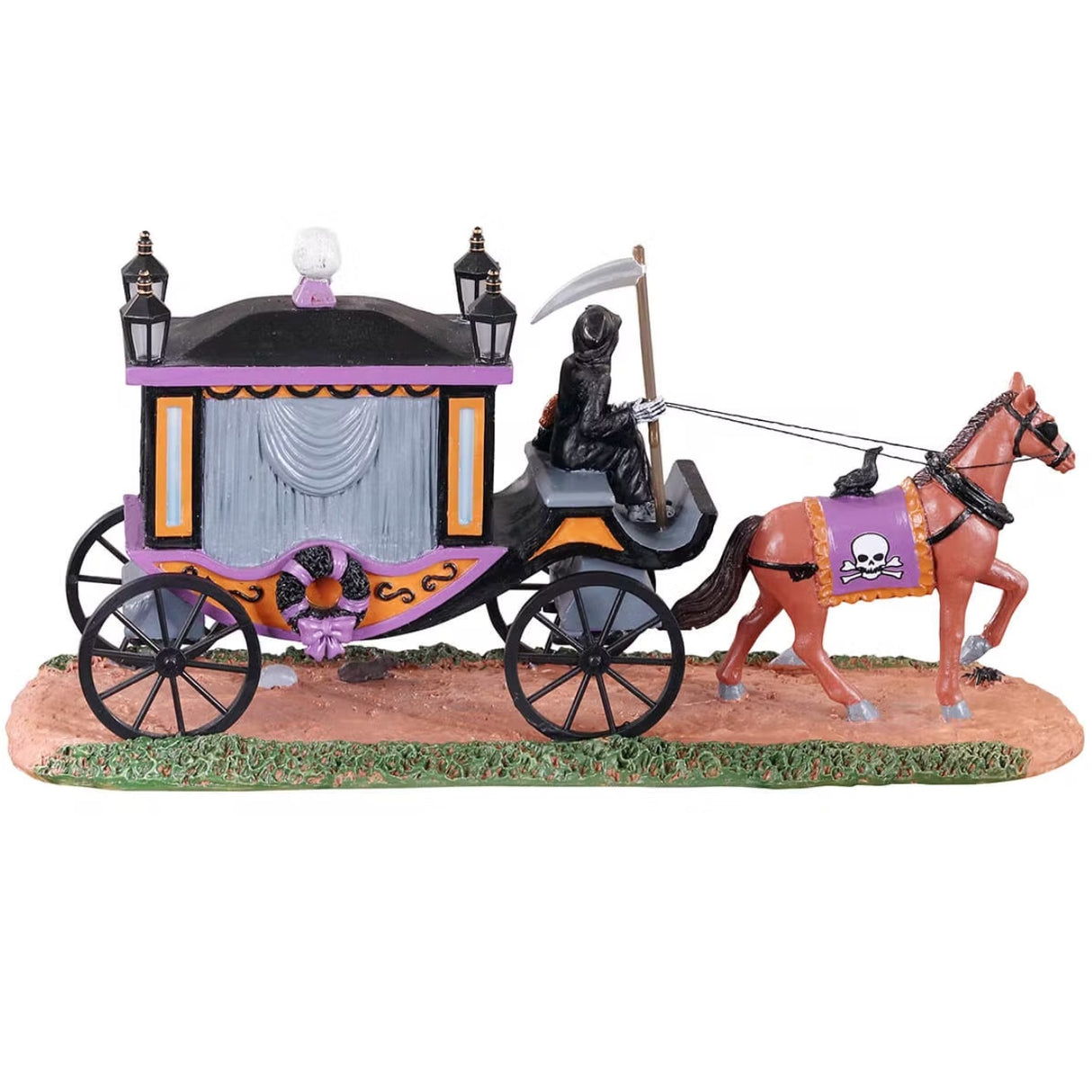 Plastic village accessory for a Lemax Spooky Town display. The grim reaper is driving a stagecoach with a horse leading the way. The stagecoach is pink, orange and gray. There's a black wreath with pink ribbons and a skeleton inside the stagecoach.