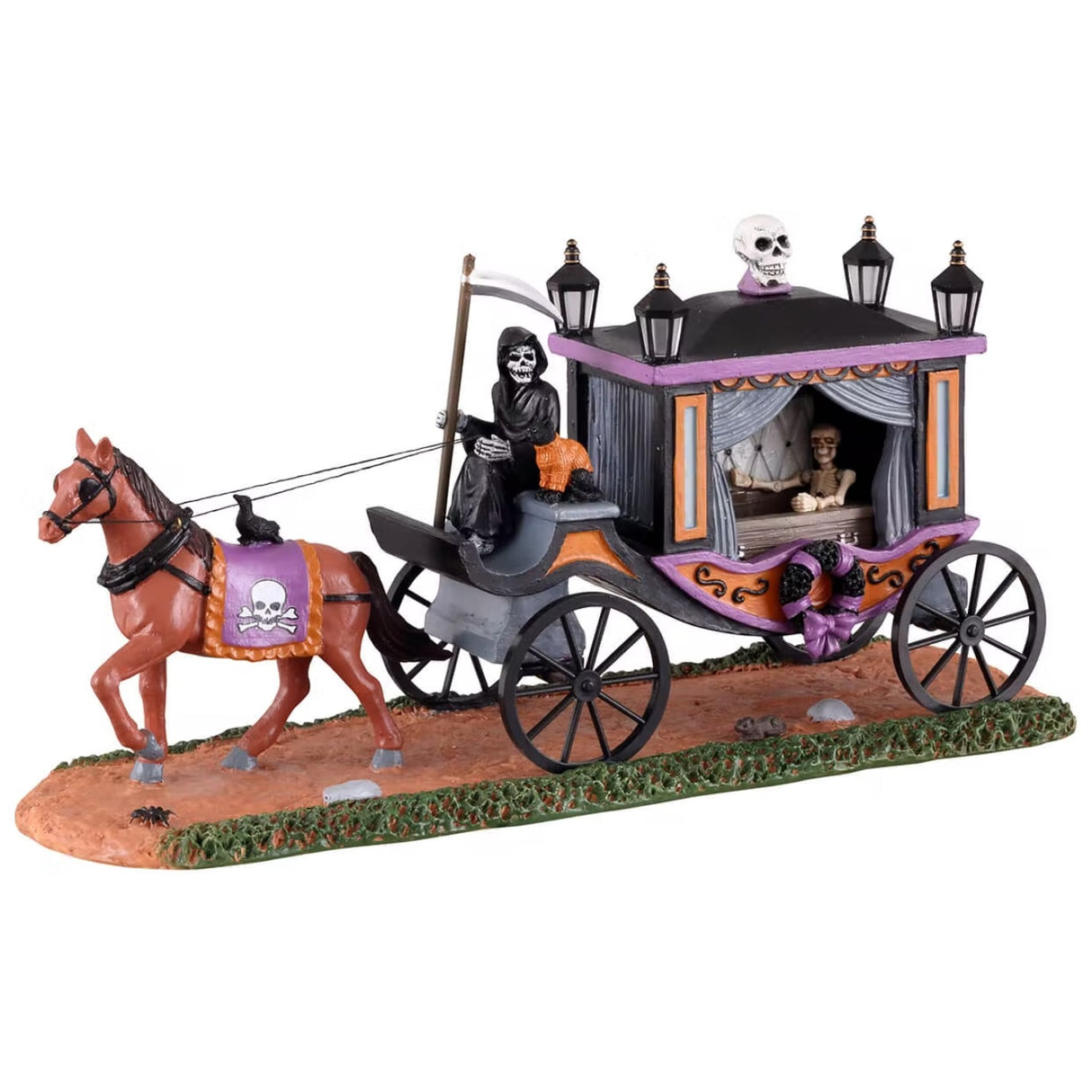 Plastic village accessory for a Lemax Spooky Town display. The grim reaper is driving a stagecoach with a horse leading the way. The stagecoach is pink, orange and gray. There's a black wreath with pink ribbons and a skeleton inside the stagecoach.