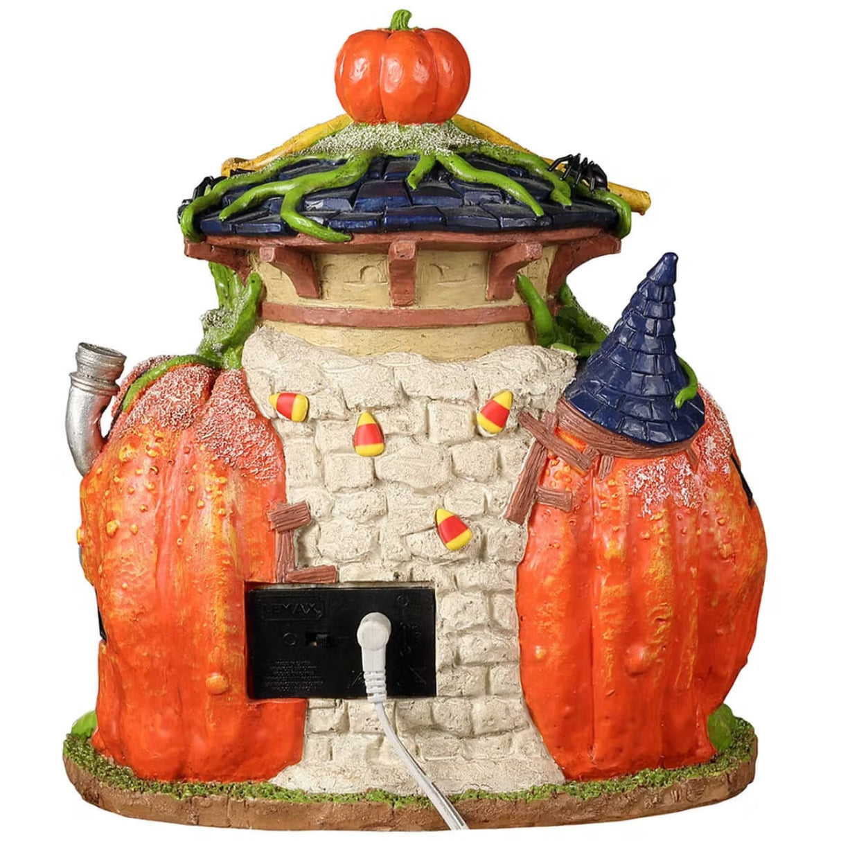 Resin building for a Lemax Spooky Town display. Designed to look like a building made out of a pumpkin. There are jack-o-lanterns everywhere, candy, spiders, candy corn and witch hats. There's a sign on the side that reads "WITCH'S BREW" and underneath is a spout shooting out green and pink liquid. There's a sign next to it that reads "TOXIC."