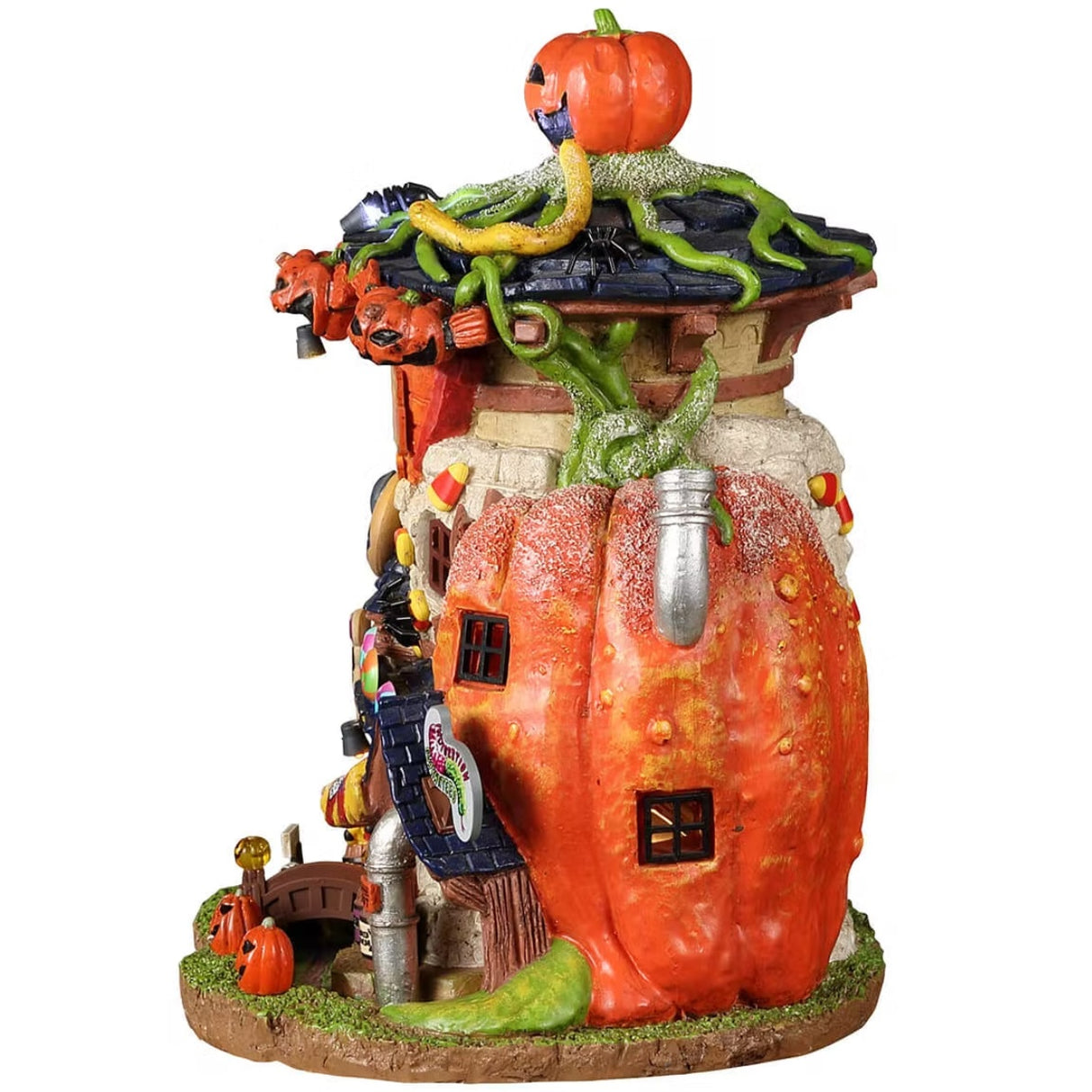 Resin building for a Lemax Spooky Town display. Designed to look like a building made out of a pumpkin. There are jack-o-lanterns everywhere, candy, spiders, candy corn and witch hats. There's a sign on the side that reads "WITCH'S BREW" and underneath is a spout shooting out green and pink liquid. There's a sign next to it that reads "TOXIC."