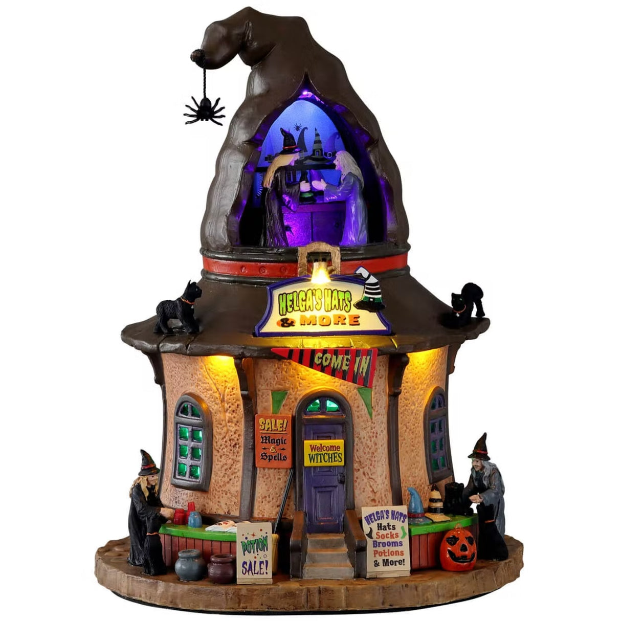 Polyresin building for a Lemax display. Designed to look like a cottage shaped like a witch's hat. Inside the hat on the roof, you can see two witches making a potion. There are witches, black cats, pumpkins and cauldrons.