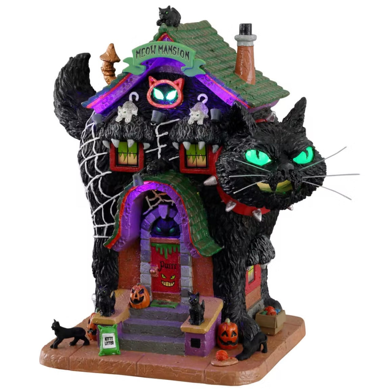 Polyresin building for a Lemax display. Designed to look like a mansion shaped like a black cat wearing a red, spiky collar. There are cats and jack-o-lanterns. The backend of the cat statue has a large spiderweb on it.